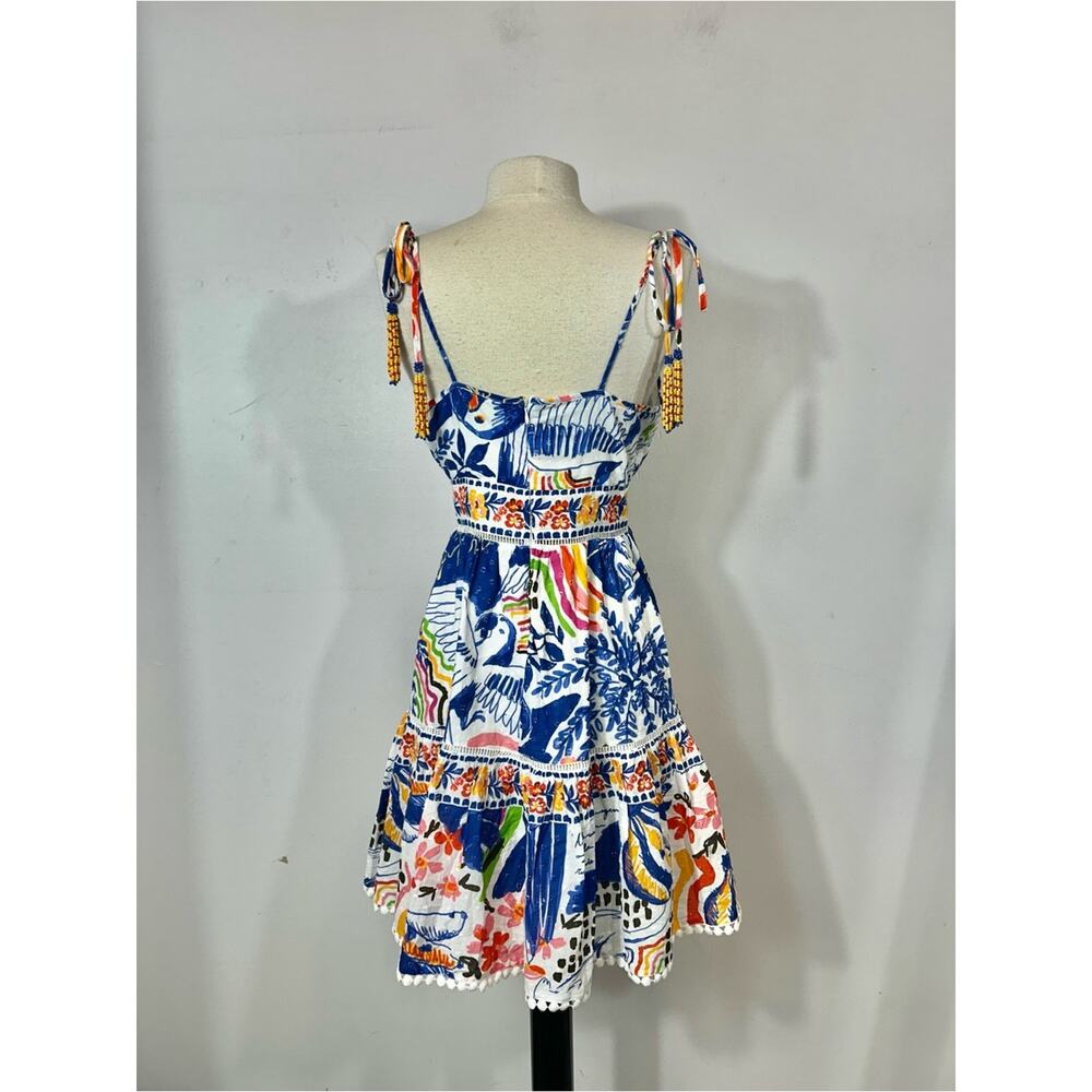 FARM Rio Tropical Toucan Bird Mini Dress Medium Beaded Tassel Pom Pom Trim - Picture 6 of 12